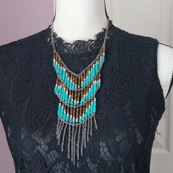 Boho Chic Multicolor Fringed Bib Statement Necklace Turquoise Brown White Silver - Picture 1 of 6
